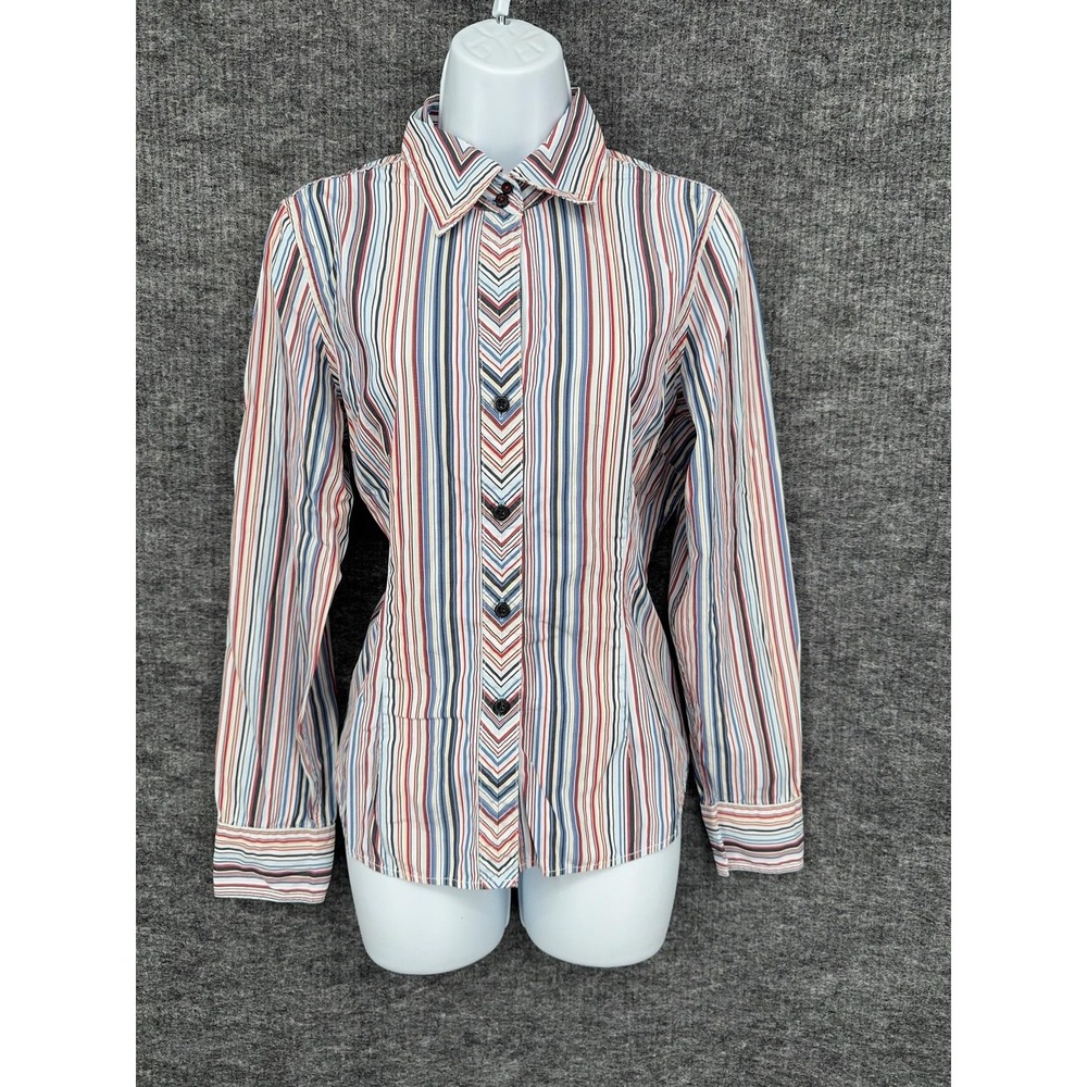 Tommy Hilfiger Shirt Womens L Multicolor Stripe Cotton Button Front Long Sleeve